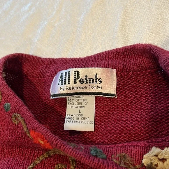 All Points Large Vintage Crewel Stitched Sweater Gently Worn Deep Red Fall - Picture 2 of 5